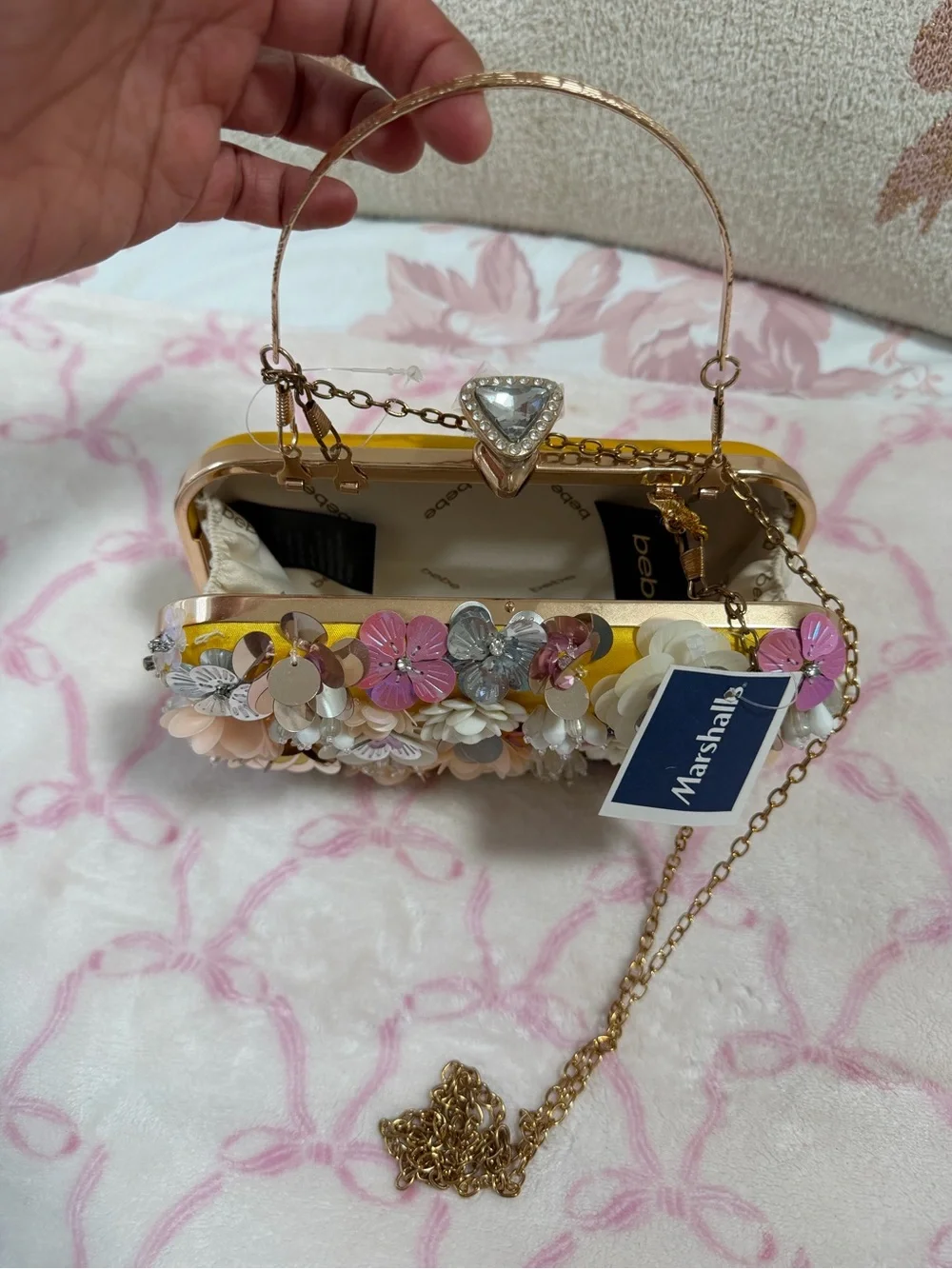 bebe Yellow Floral Sequin Embellished Clutch